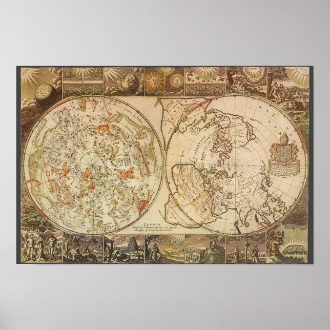Poster Astronomia Antiga, Mapa Celeste Planisférico (Frente)
