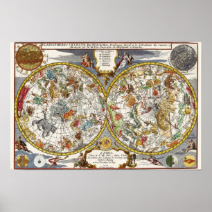 Pôster Astronomia Vintage, Mapa Celeste Planisfério