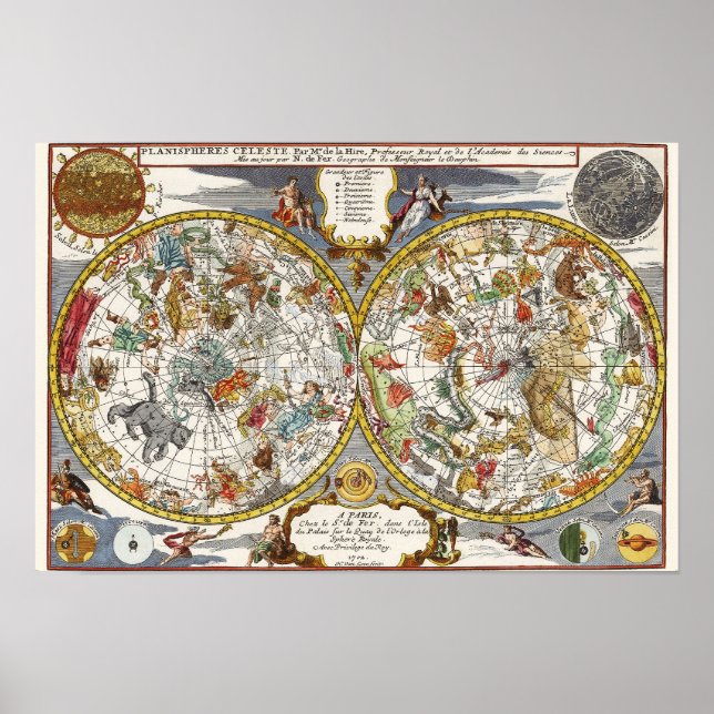 Pôster Astronomia Vintage, Mapa Celeste Planisfério (Frente)