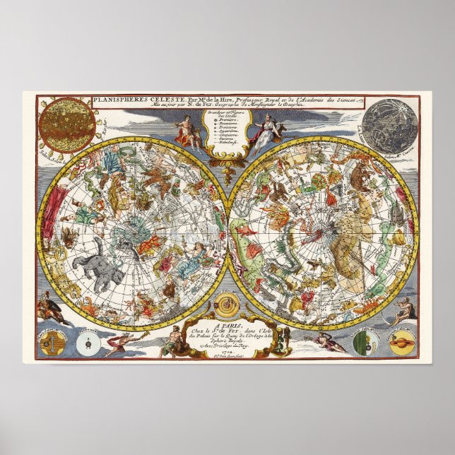Pôster Astronomia Vintage, Mapa Celeste Planisfério (Frente)