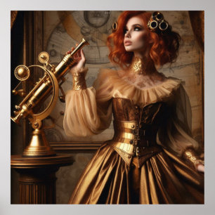 Poster Astrônomo Dourado Vitoriano Steampunk