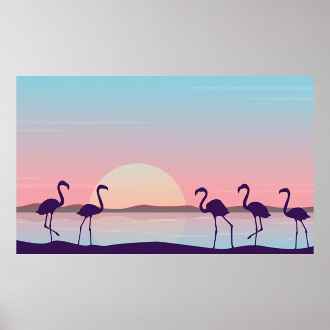 Poster At sunrise flamingo scenery silhouettesflamingo,si (Frente)