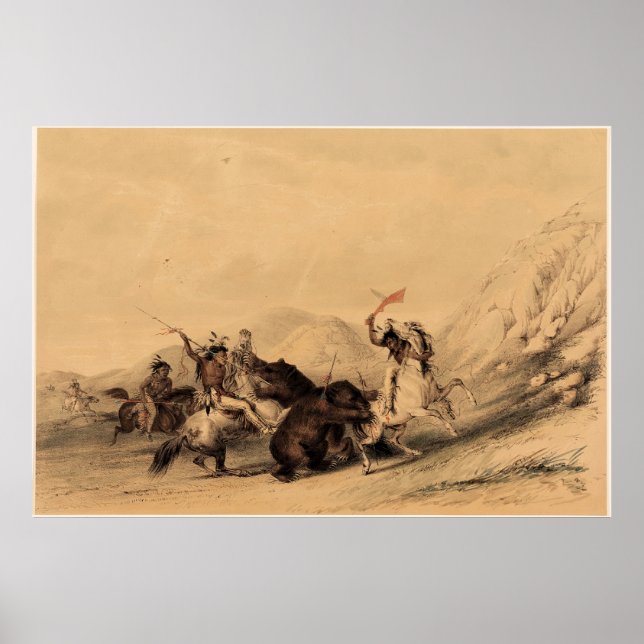 Poster Atacando o Urso Grizzly, 1844 George Catlin (Frente)
