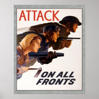 Poster Ataque Vintage Canadense WW2 Em Todas As Frentes