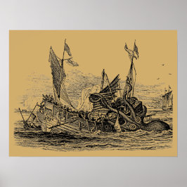 Poster Ataques Kraken Navio Vintage Steampunk