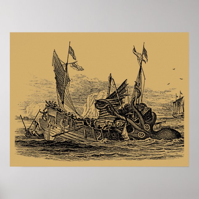 Poster Ataques Kraken Navio Vintage Steampunk (Frente)