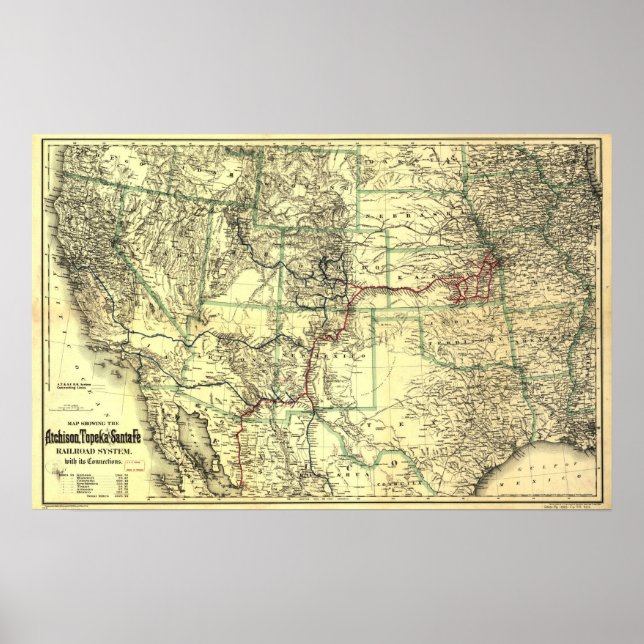 Poster Atchison Topeka & Sante Fe Railroad MAP 1883 WEST (Frente)