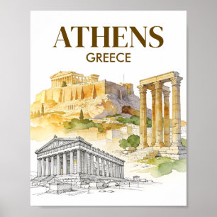 Poster Atenas Grécia Acrópole Aquarela Esboço Viagem