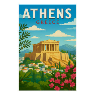 Pôster Atenas Grécia Viagem Vintage   Partenon Acrópole