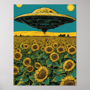 Poster Aterrissagem de OVNI em campo de girassol - SciFi