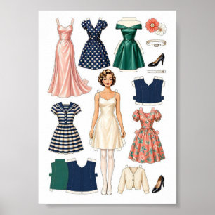 Poster Atividade de Recorte de Bonecas de Papel Vintage p