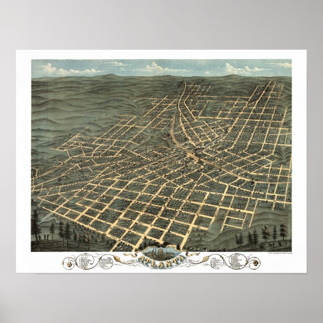 Pôster Atlanta, GA Mapa Panorâmico DIGITALMENTE RESTANTE (Frente)