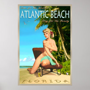 Poster Atlantic Beach Flórida Cartaz de Viagem Retro Pin