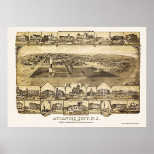 Pôster Atlantic City, mapa panorâmico de NJ - 1880