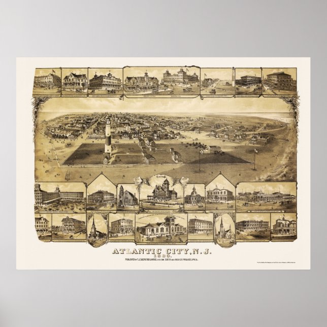Pôster Atlantic City, Mapa Panorâmico do NJ - 1880 (Frente)