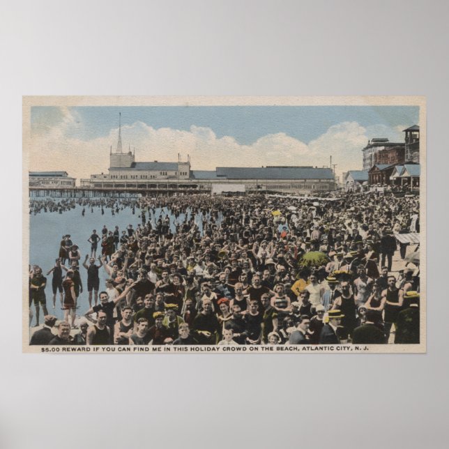 Pôster Atlantic City, NJ - Holiday Crowd na Praia (Frente)