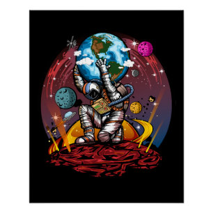 Pôster Atlas Astronauta Segurando a Terra Marte Galáxia C