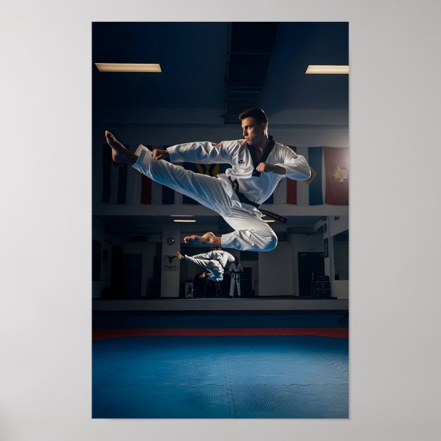 Poster Atleta de Taekwondo Realizando Chute Lateral Voado (Frente)