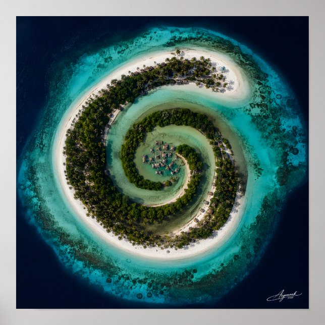 Poster Atol Spiral com Vista de Satélite de Aldeia Flutua (Frente)