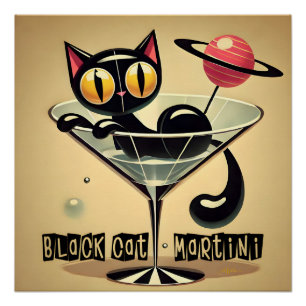 Pôster Atomic Futuristic Space Age Black Cat Martini