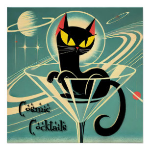 Pôster Atomic Futuristic Space Age Black Cat Martini