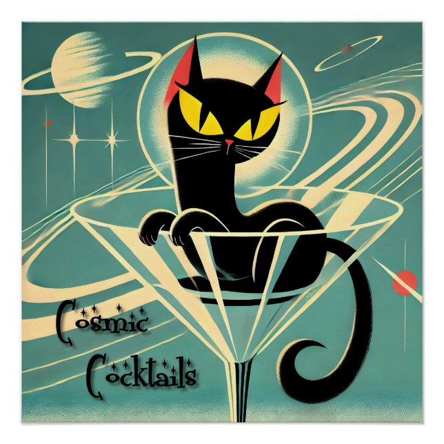 Pôster Atomic Futuristic Space Age Black Cat Martini (Frente)
