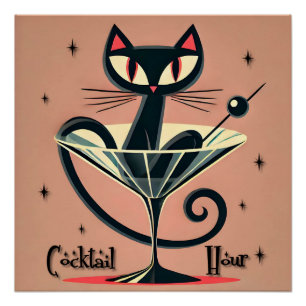 Pôster Atomic Futuristic Space Age Black Cat Martini