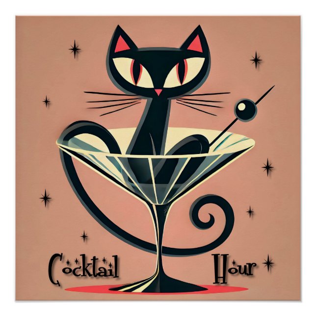 Pôster Atomic Futuristic Space Age Black Cat Martini (Frente)