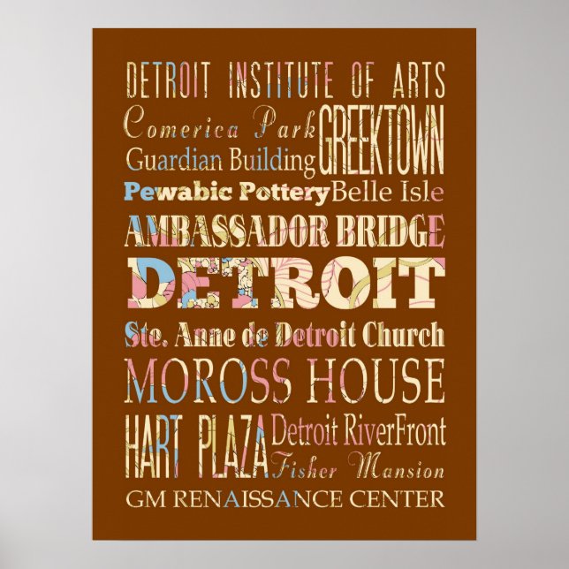 Poster Atrações e Lugares Famosos de Detroit, Michigan. (Frente)