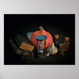 Poster Atributos do Dia das Bruxas preparados numa mesa