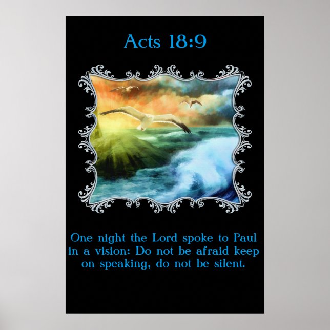 Pôster Atua 18:9 Com gaivotas voando sobre o mar aberto (Frente)