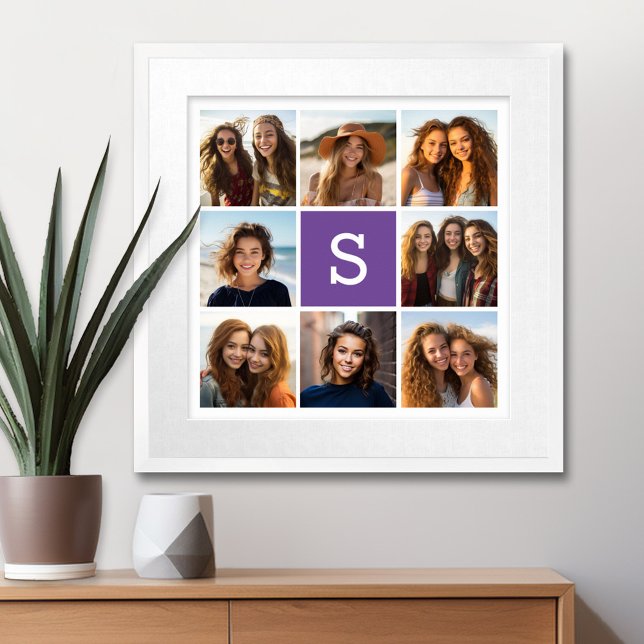 Pôster Aubergine and White Photo Collage Custom Monogram (Personalized Wall Art with a Photo Collage and Monogram)