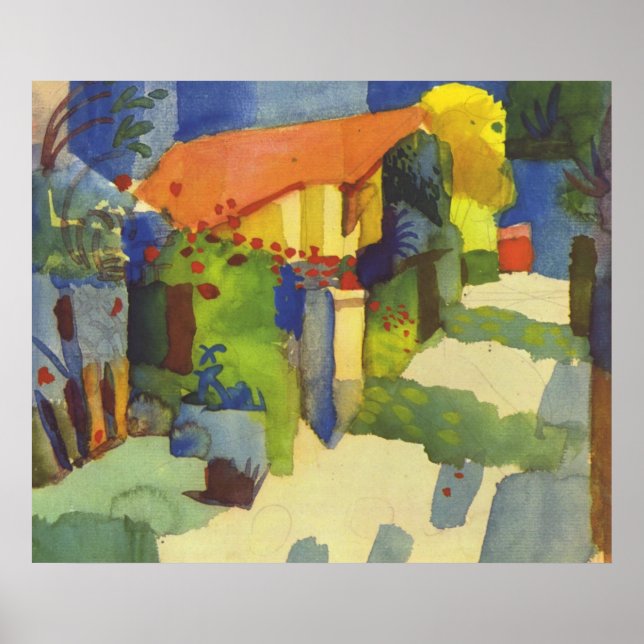 Pôster August Macke - House in Garden 1914 Waterolor (Frente)