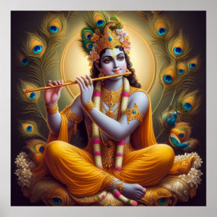 Poster Aura de Pavão Krishna Flauta Arte Divina