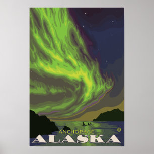 Pôster Aurora boreal e orcas - Anchorage, Alaska