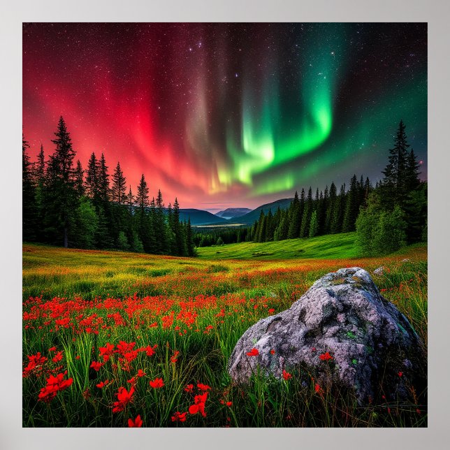 Poster Aurora Boreal Iluminando uma Campina Cénica (Frente)