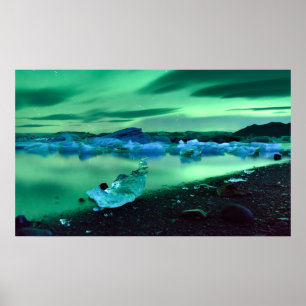 Pôster Aurora boreal sobre o lago Jokulsarlon, Islândia