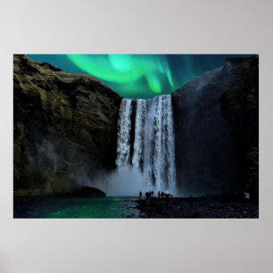 Poster Aurora Borealis Em Waterfall Skógafoss, Islândia