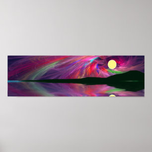 Poster Aurora da Lua Cheia no Oceano e Montanhas