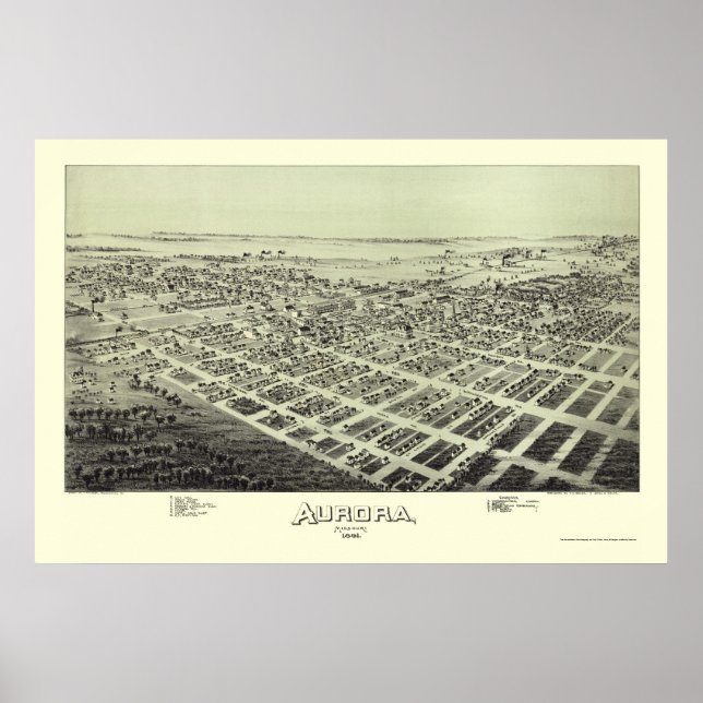 Pôster Aurora, MO Mapa Panorâmico - 1891 (Frente)