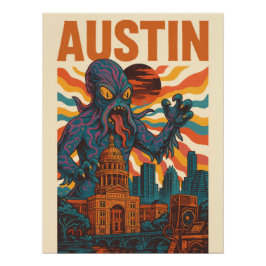 Pôster Austin Sci-Fi Monster Cityscape Art - Kaiju