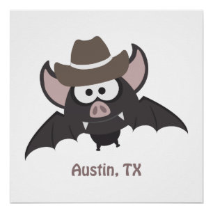 Pôster Austin Texas Cute Cartoon Cowboy Bat
