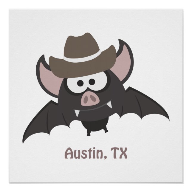 Pôster Austin Texas Cute Cartoon Cowboy Bat (Frente)