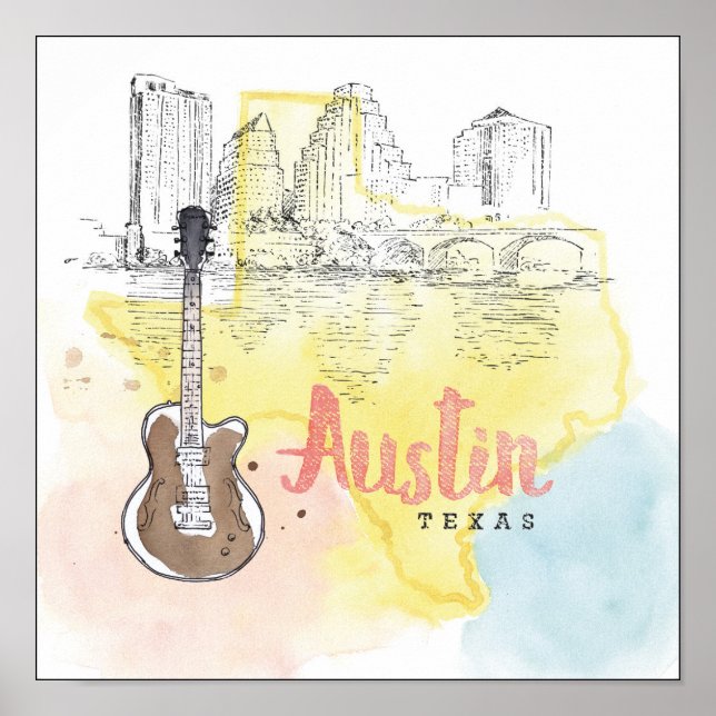 Pôster Austin,Texas | Esquema de Aquarela (Frente)