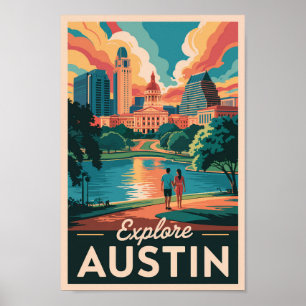 Poster Austin Texas Skyline Viagem Art Vintage