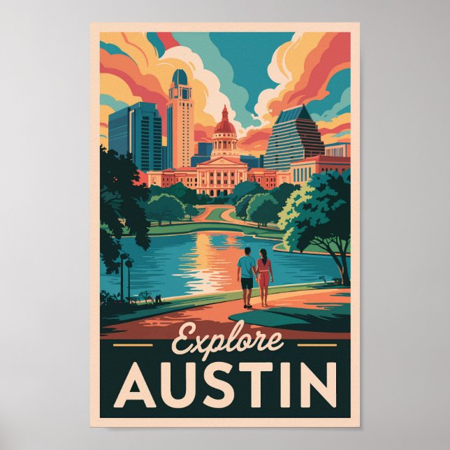Poster Austin Texas Skyline Viagem Art Vintage (Frente)