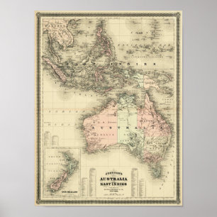 Poster Austrália 1867 e mapa do leste do vintage de