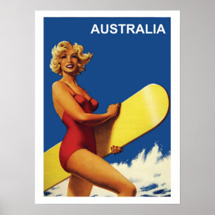 Poster Austrália, menina na praia, vintage do surfista