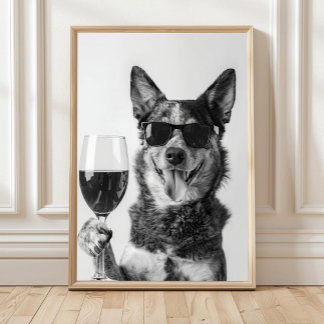 Poster Australian Cattle Dog and Wine Wall Art, Black and