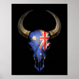 Pôster Australian Flag Bull Skull on Black
